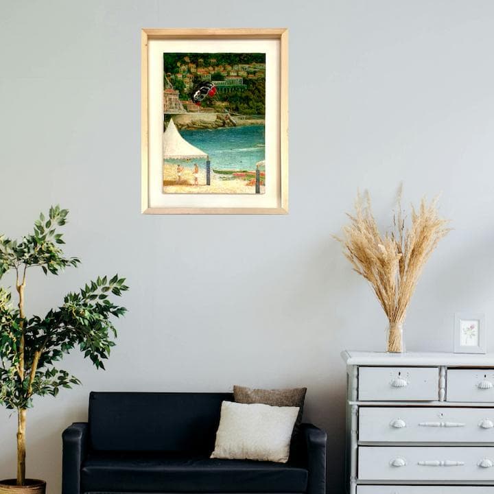 風景画/南仏リゾートの街「ニースの海辺」油絵F4 木製フレーム付き