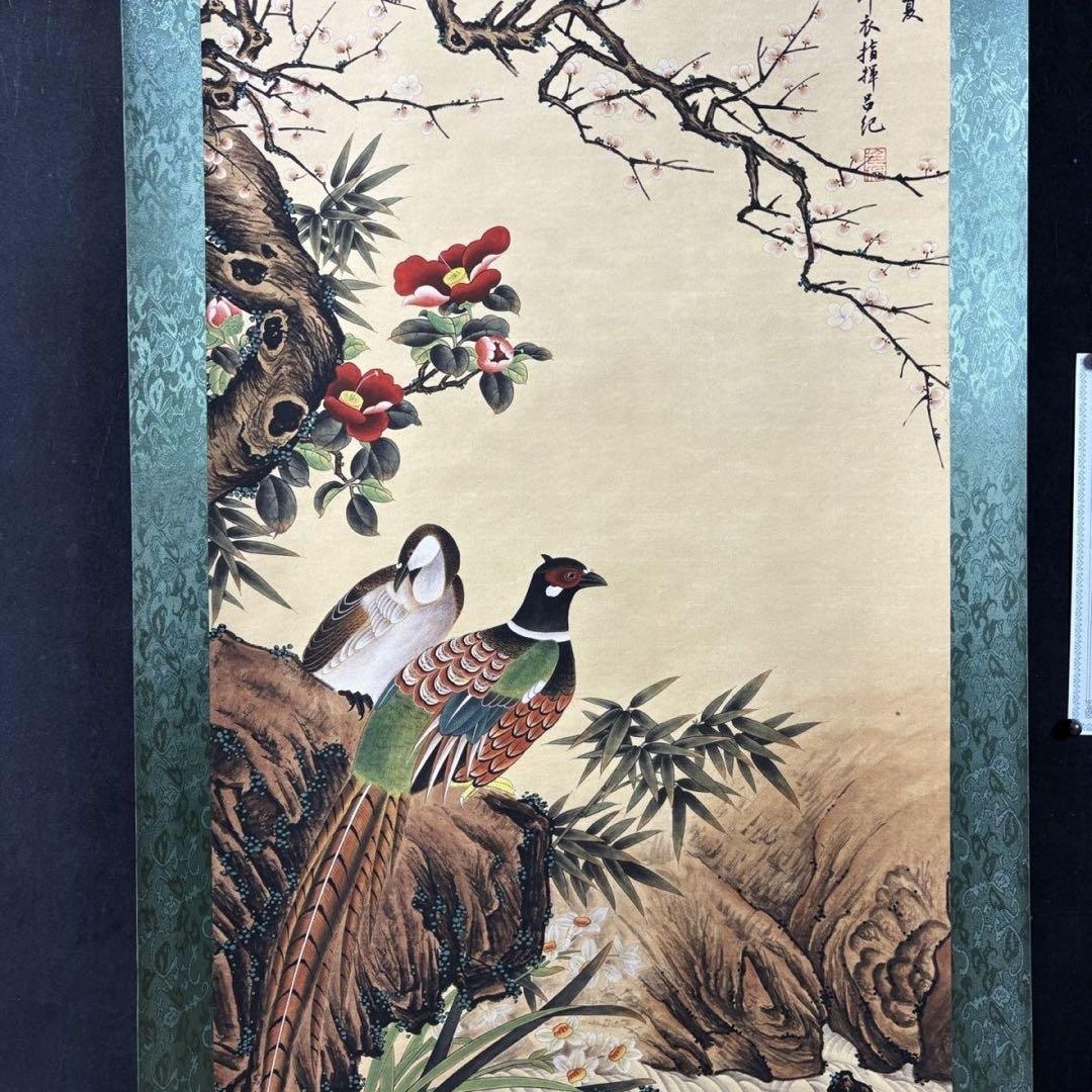 吕纪 山茶錦鶏図 中堂掛け軸　中国花鳥画　宣紙　書画工芸