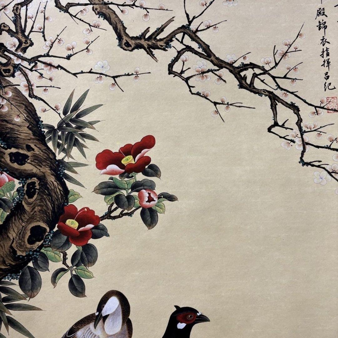 吕纪 山茶錦鶏図 中堂掛け軸　中国花鳥画　宣紙　書画工芸