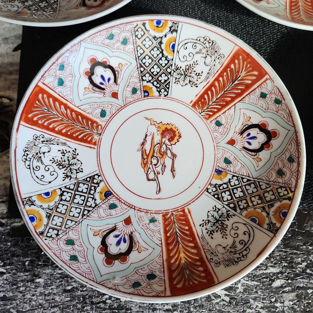 -142/x5　麒麟　赤絵　印判　波千鳥　七寸皿　４客