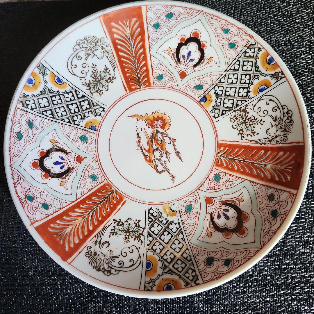 -142/x5　麒麟　赤絵　印判　波千鳥　七寸皿　４客