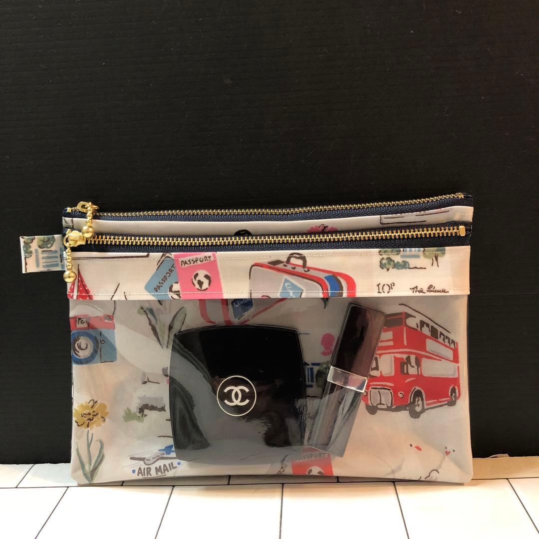 スマホも通帳も入る前面クリア　キャスキッドソンダブルファスナーポーチハンドメイド