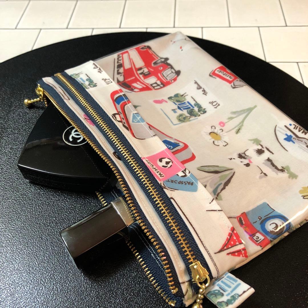 スマホも通帳も入る前面クリア　キャスキッドソンダブルファスナーポーチハンドメイド