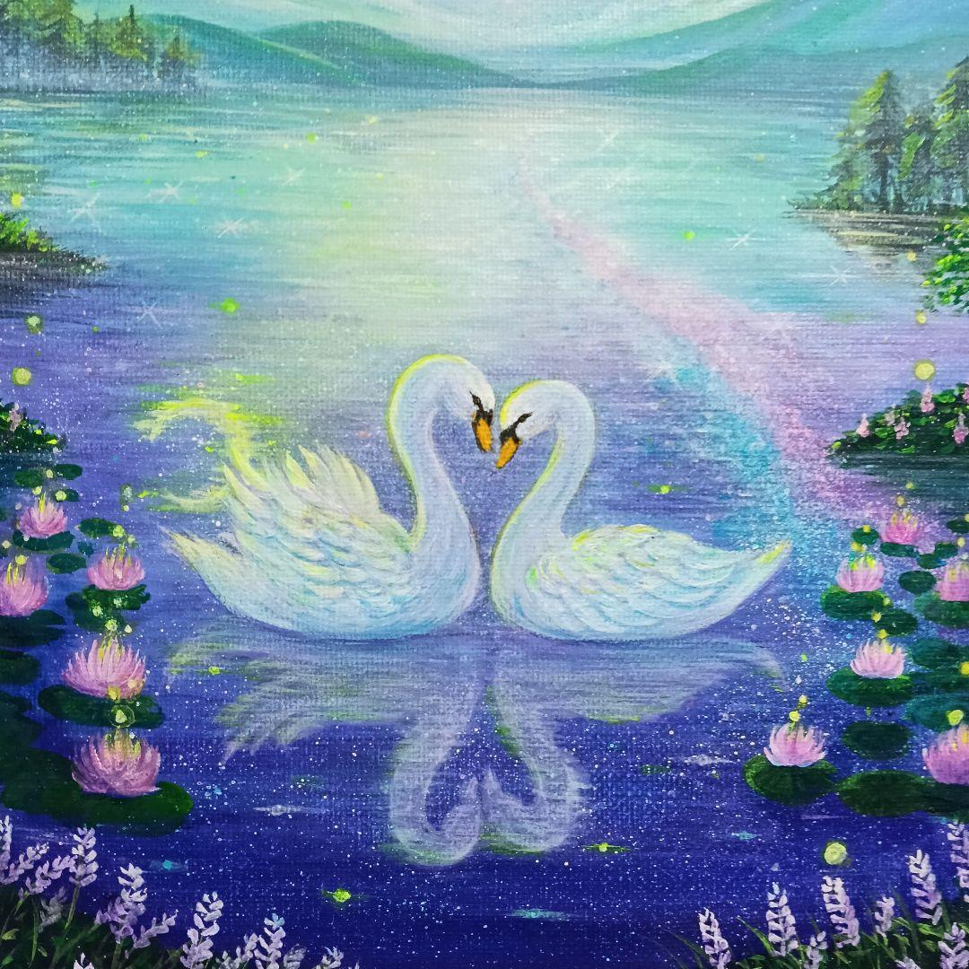 No.548 F3キャンバス アクリル画 原画 白鳥 白鳥の湖 開運絵画