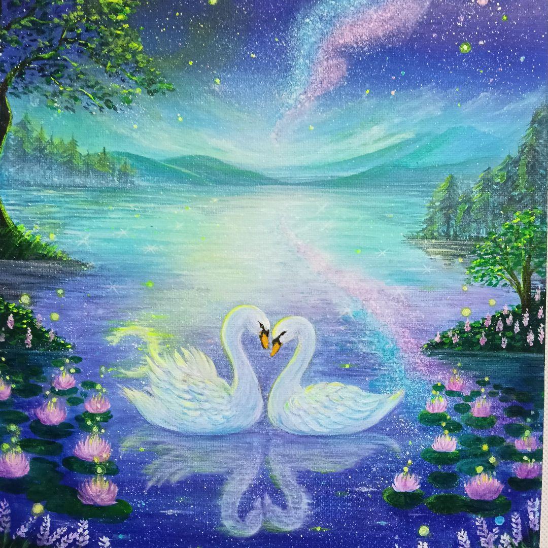 No.548 F3キャンバス アクリル画 原画 白鳥 白鳥の湖 開運絵画