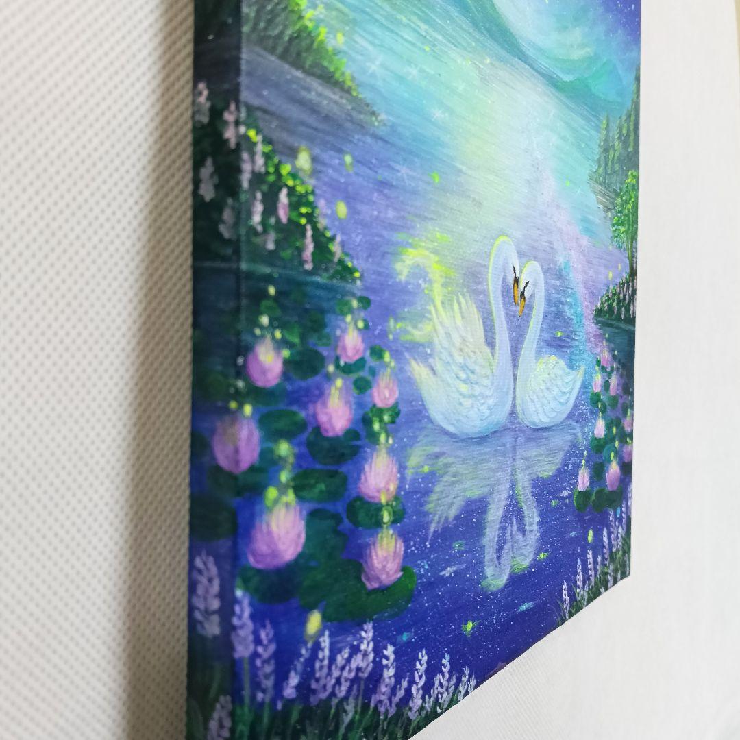 No.548 F3キャンバス アクリル画 原画 白鳥 白鳥の湖 開運絵画