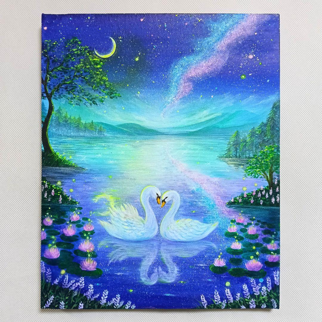 No.548 F3キャンバス アクリル画 原画 白鳥 白鳥の湖 開運絵画