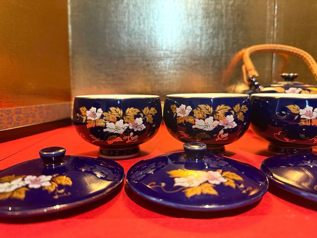 【希少 7客】九谷焼 文仙 瑠璃 金彩 花紋 茶器揃 急須 蓋付湯呑 全15点