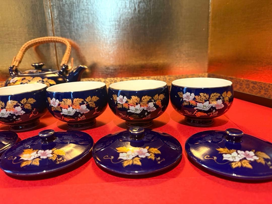 【希少 7客】九谷焼 文仙 瑠璃 金彩 花紋 茶器揃 急須 蓋付湯呑 全15点