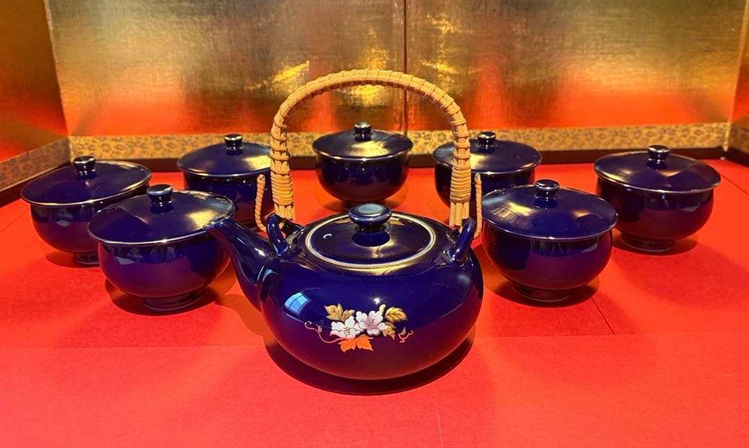 【希少 7客】九谷焼 文仙 瑠璃 金彩 花紋 茶器揃 急須 蓋付湯呑 全15点