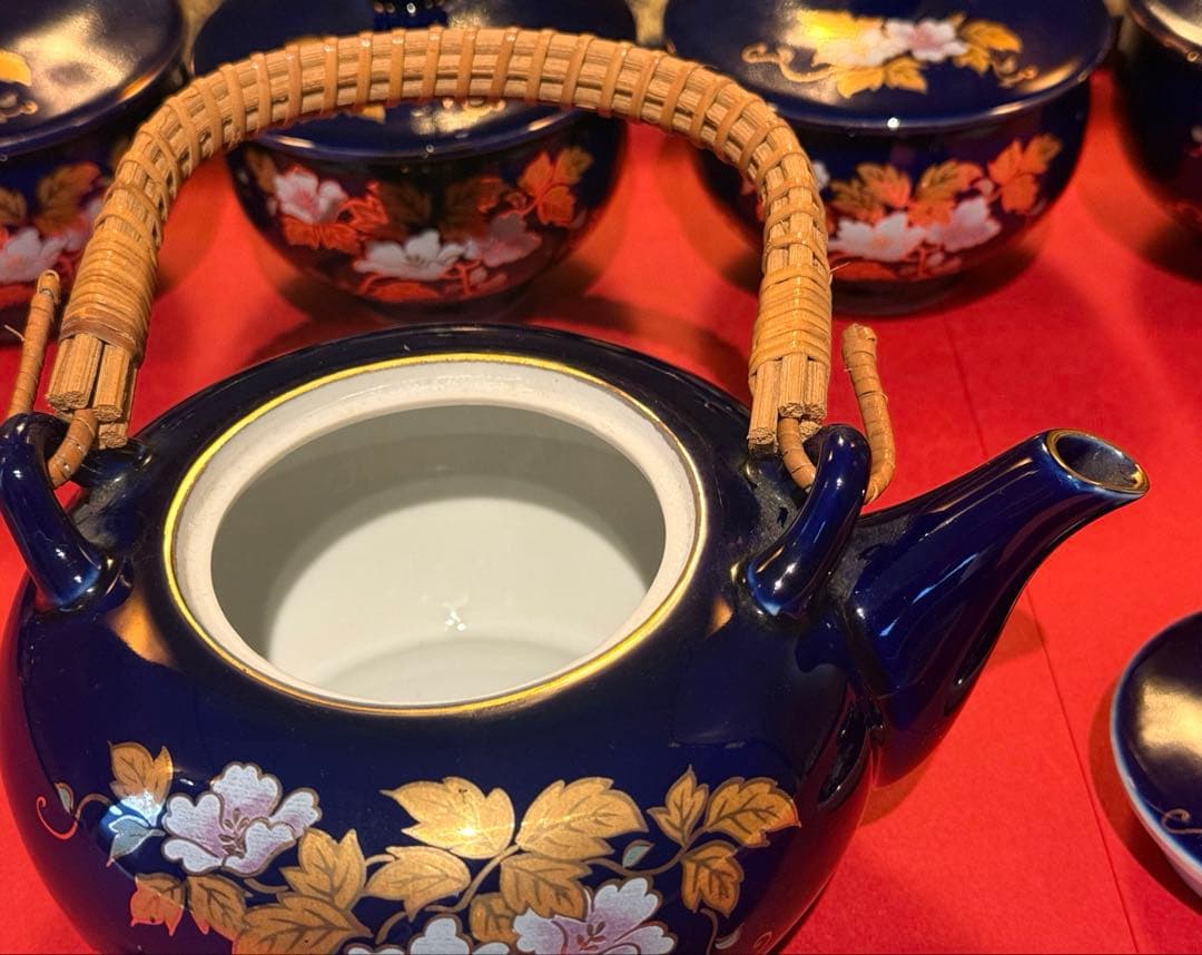 【希少 7客】九谷焼 文仙 瑠璃 金彩 花紋 茶器揃 急須 蓋付湯呑 全15点