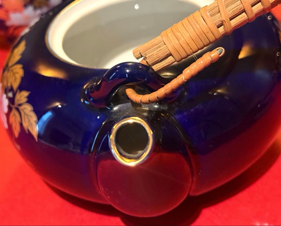 【希少 7客】九谷焼 文仙 瑠璃 金彩 花紋 茶器揃 急須 蓋付湯呑 全15点