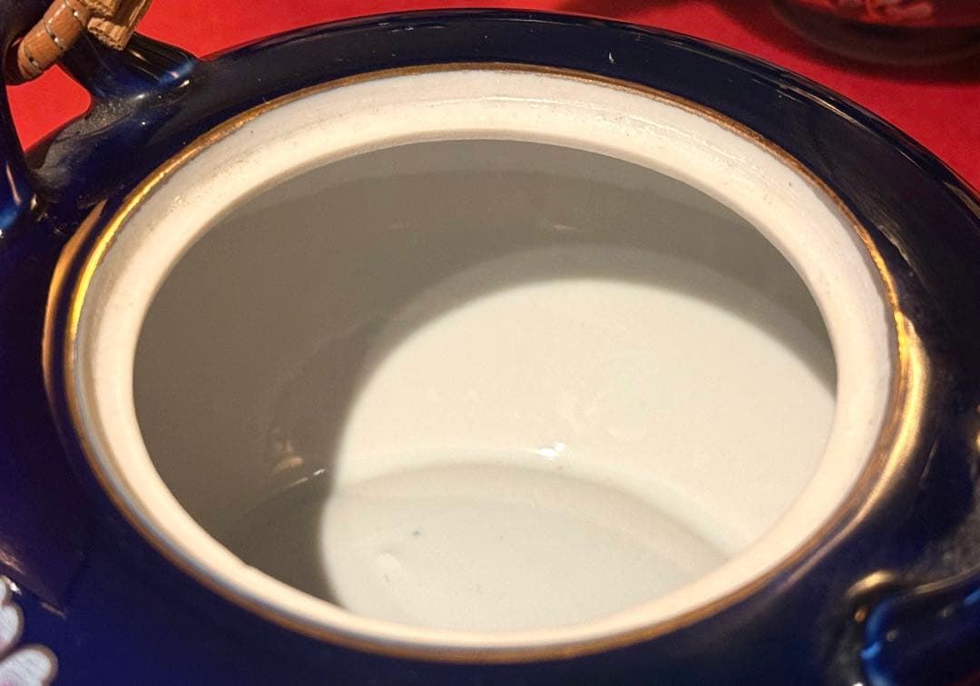 【希少 7客】九谷焼 文仙 瑠璃 金彩 花紋 茶器揃 急須 蓋付湯呑 全15点