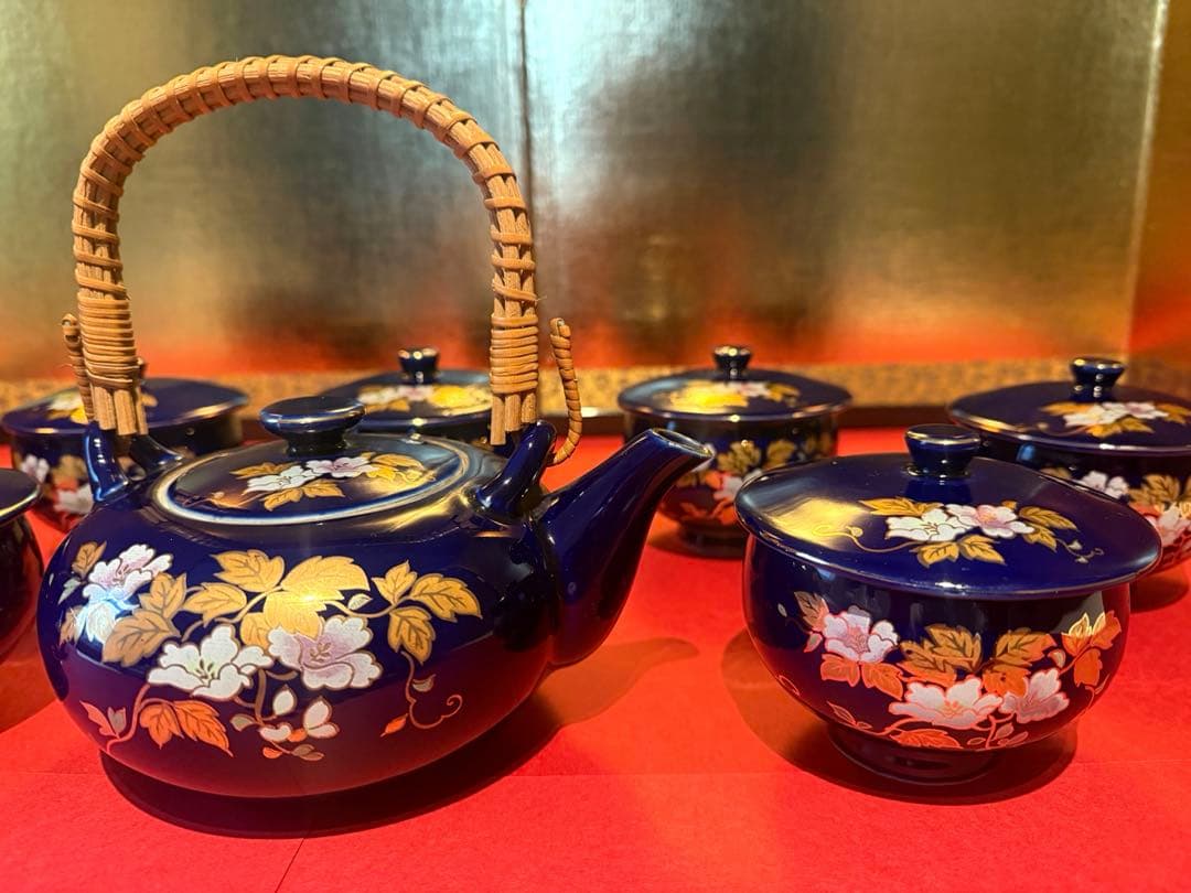 【希少 7客】九谷焼 文仙 瑠璃 金彩 花紋 茶器揃 急須 蓋付湯呑 全15点