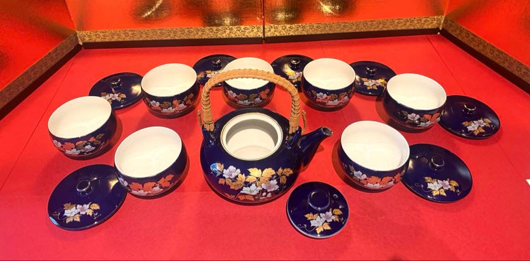 【希少 7客】九谷焼 文仙 瑠璃 金彩 花紋 茶器揃 急須 蓋付湯呑 全15点