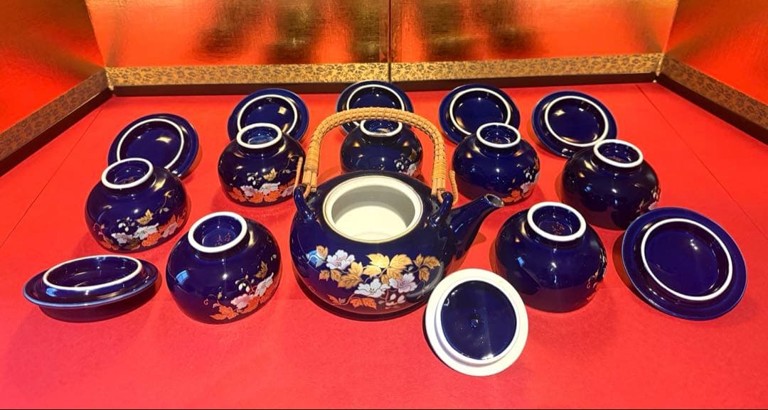 【希少 7客】九谷焼 文仙 瑠璃 金彩 花紋 茶器揃 急須 蓋付湯呑 全15点