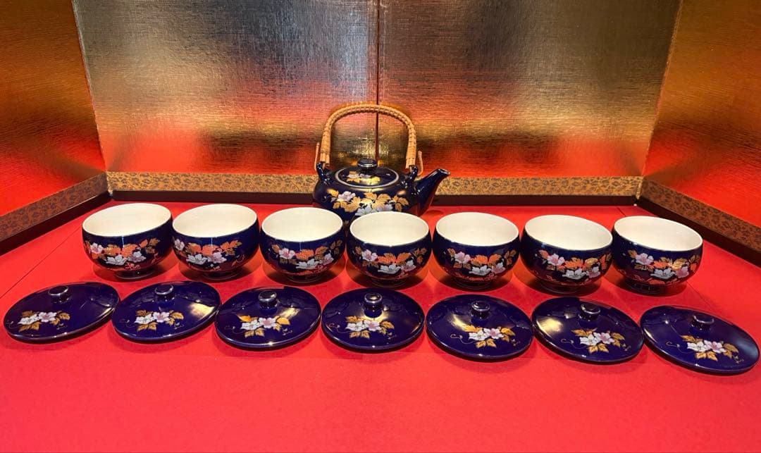 【希少 7客】九谷焼 文仙 瑠璃 金彩 花紋 茶器揃 急須 蓋付湯呑 全15点