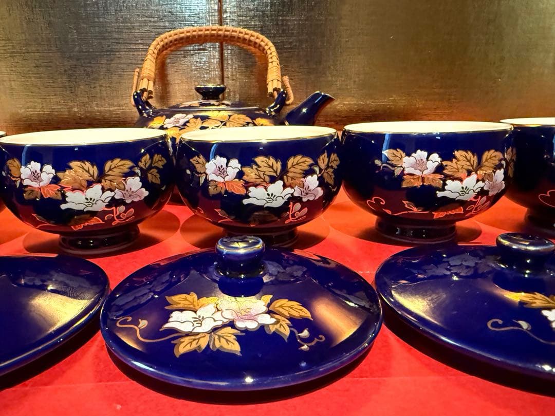 【希少 7客】九谷焼 文仙 瑠璃 金彩 花紋 茶器揃 急須 蓋付湯呑 全15点