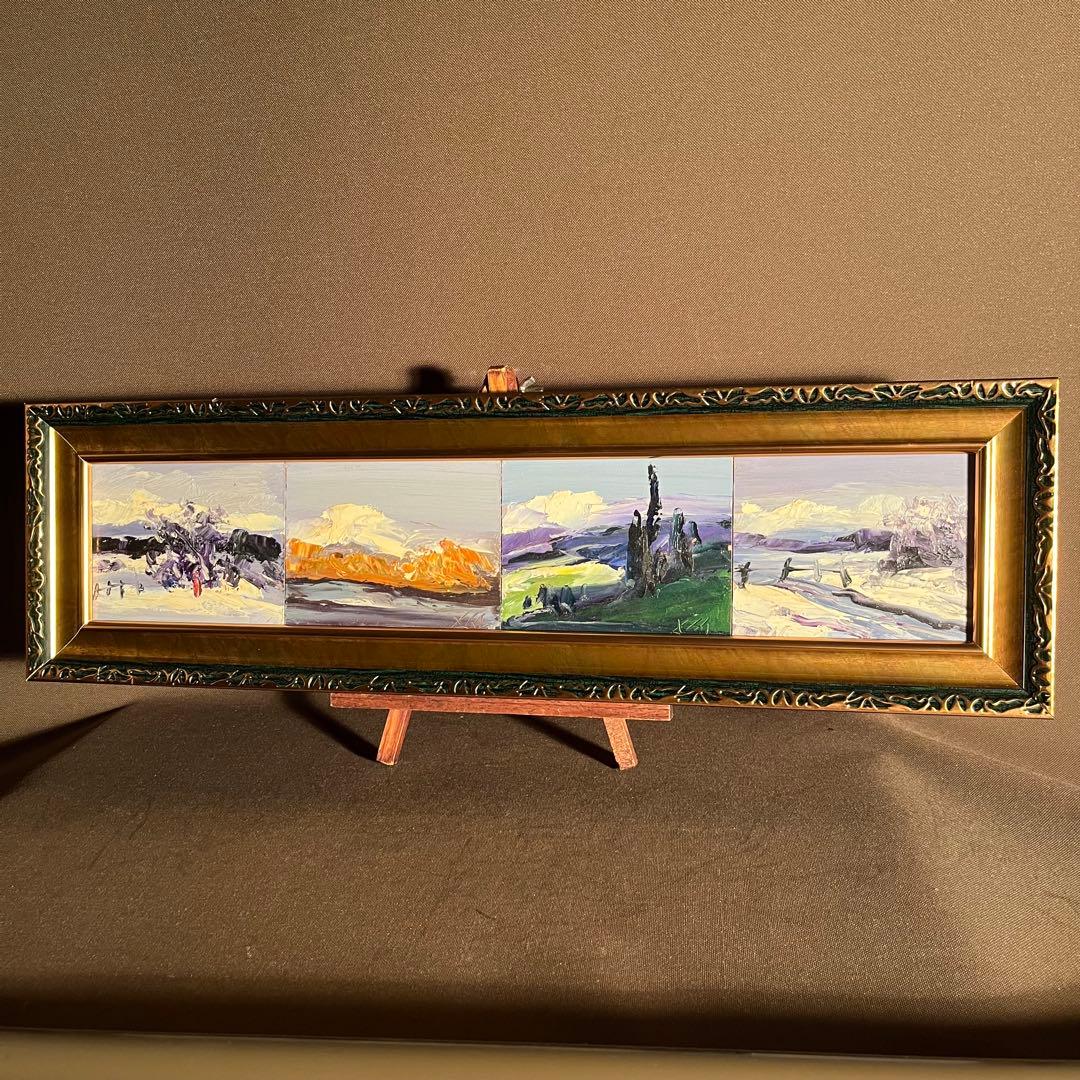 手書き油絵 ４枚組 荒海 額付 絵画 インテリア 油彩画