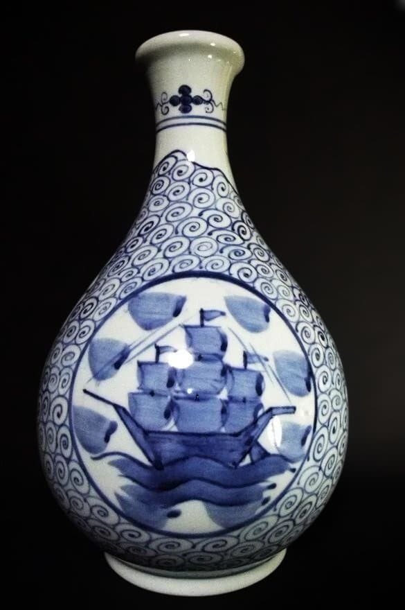 伊万里 古地図 船文 渦巻文 染付 花生 花瓶 美品