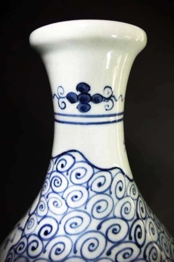 伊万里 古地図 船文 渦巻文 染付 花生 花瓶 美品