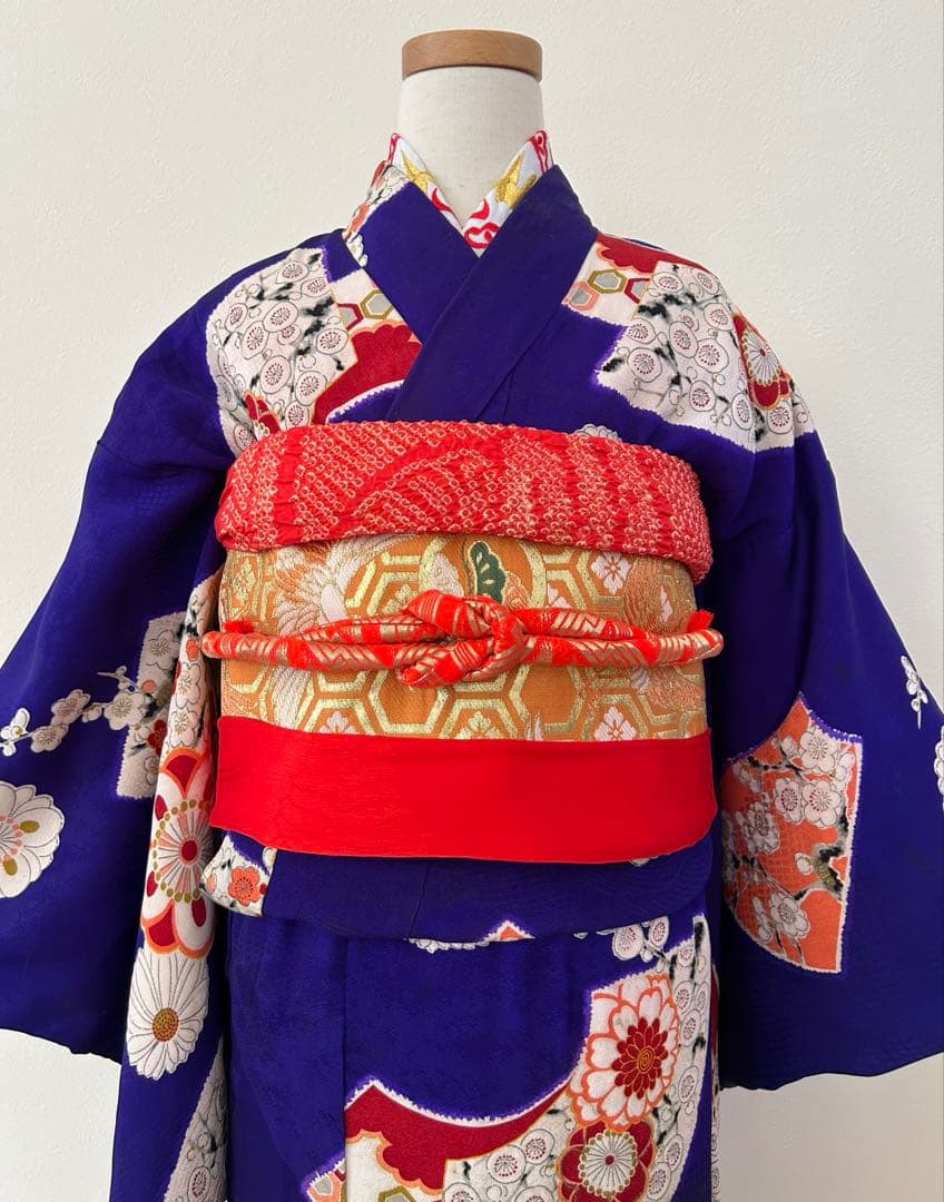 7歳　七五三　アンティーク正絹着物、アンティーク帯、帯揚げ、帯締め　しごきセット