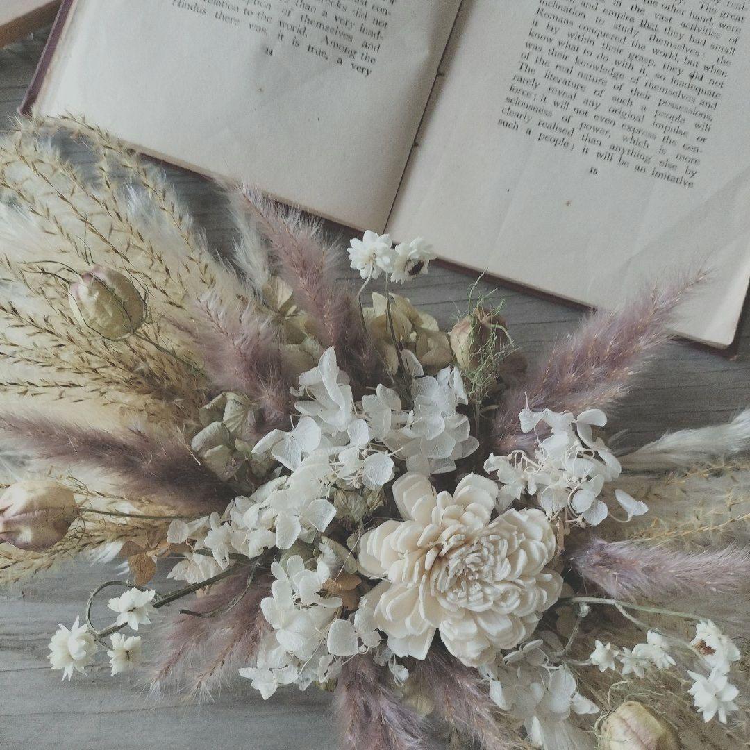 ベージュとモカ　ドライフラワー横長スワッグ