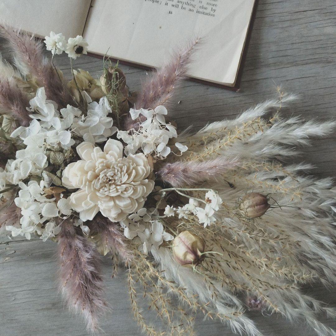 ベージュとモカ　ドライフラワー横長スワッグ