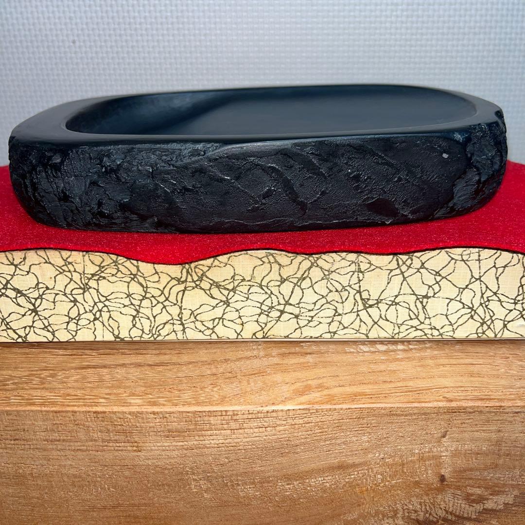 ⭕️雨端硯　自然硯　文明堂　四六寸大　雨端石紋綺麗　使い易さ大　サイン有り