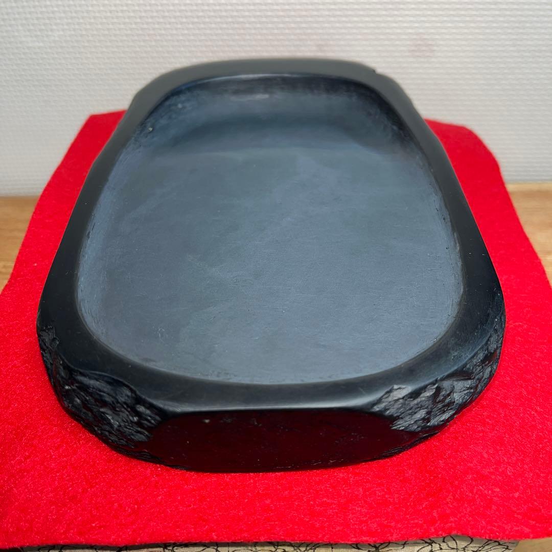 ⭕️雨端硯　自然硯　文明堂　四六寸大　雨端石紋綺麗　使い易さ大　サイン有り