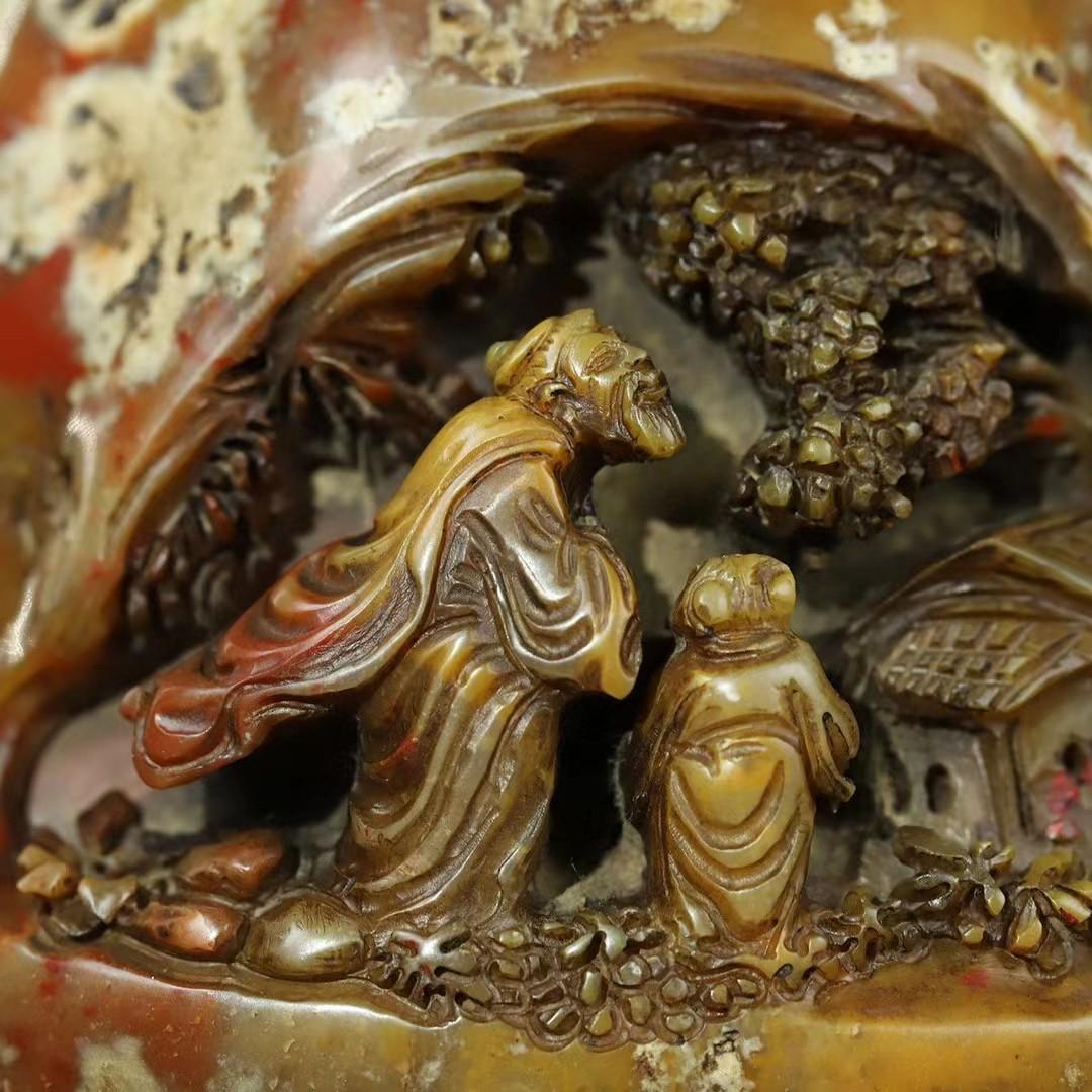 中国古美術・旧蔵人物薄意の印鑑・寿山石原石彫り・印材・書道具・文房置物・風水開運