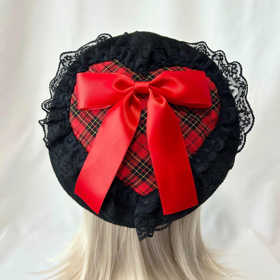 ハンドメイド ハート ベレー帽 タータンチェック ブラック 黒レース ロリィタ