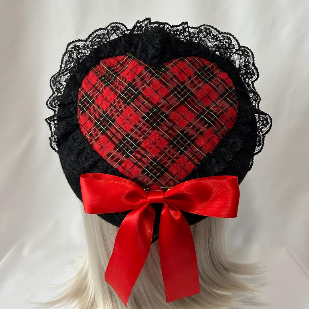 ハンドメイド ハート ベレー帽 タータンチェック ブラック 黒レース ロリィタ