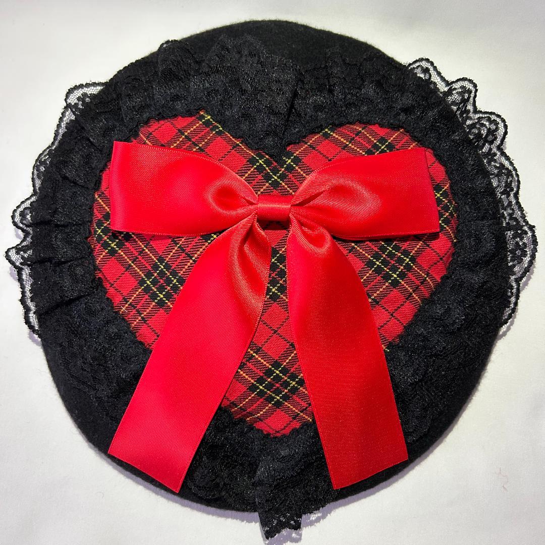 ハンドメイド ハート ベレー帽 タータンチェック ブラック 黒レース ロリィタ