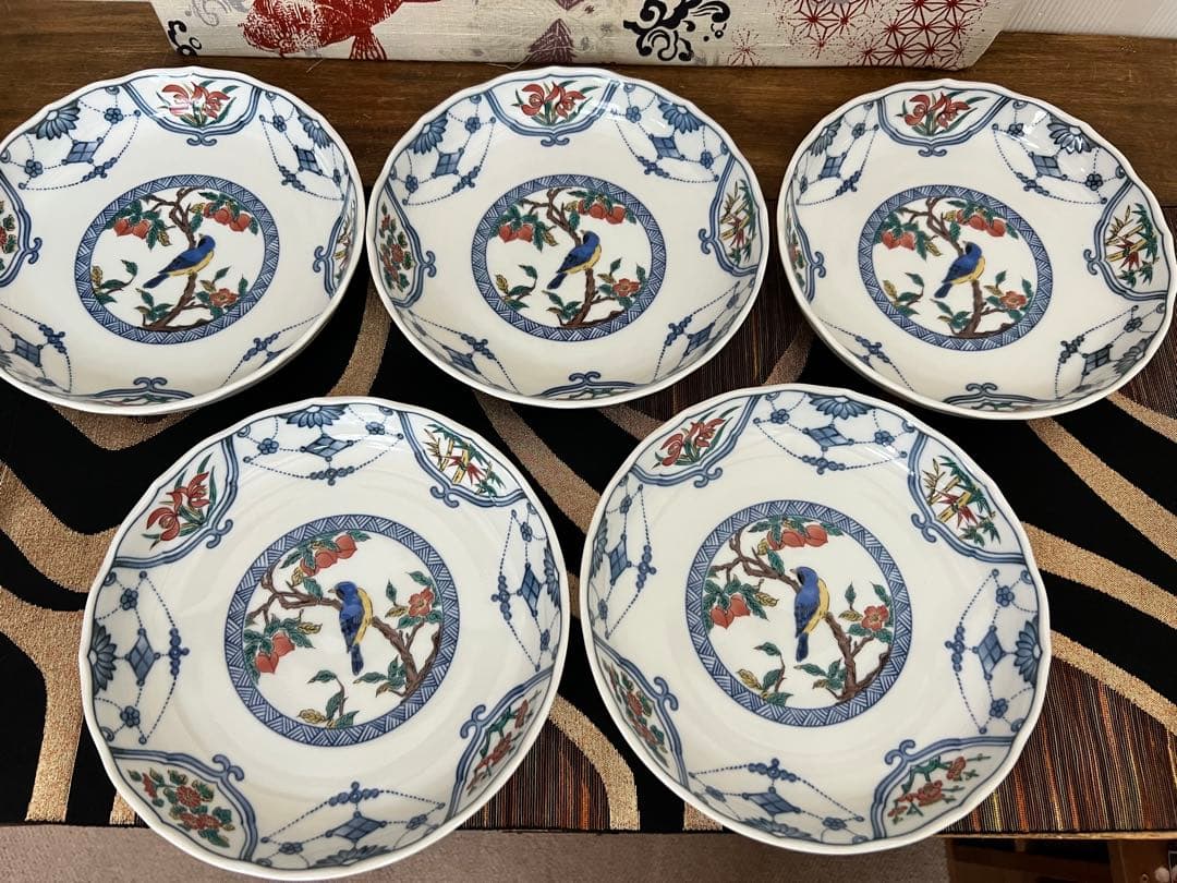 九谷焼 6号皿揃 染付瓔珞紋花鳥/青郊窯 和食器 皿 取り皿 銘々皿
