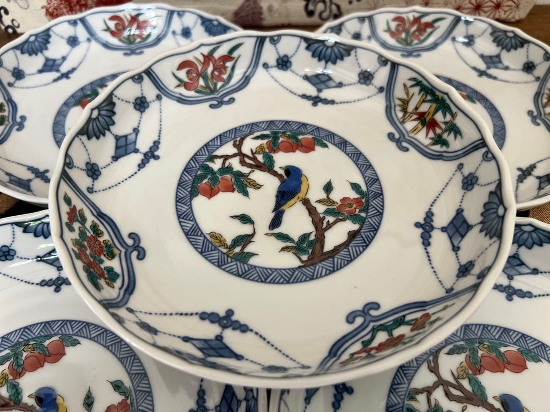 九谷焼 6号皿揃 染付瓔珞紋花鳥/青郊窯 和食器 皿 取り皿 銘々皿