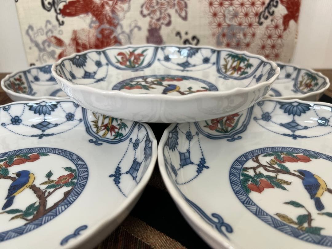 九谷焼 6号皿揃 染付瓔珞紋花鳥/青郊窯 和食器 皿 取り皿 銘々皿