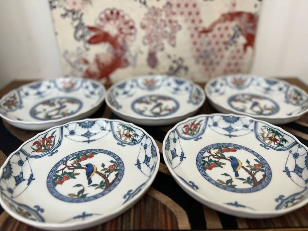 九谷焼 6号皿揃 染付瓔珞紋花鳥/青郊窯 和食器 皿 取り皿 銘々皿