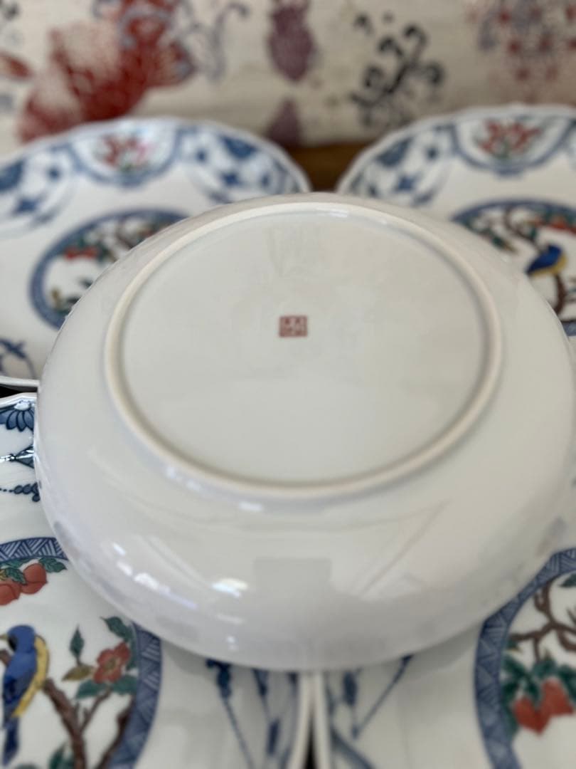 九谷焼 6号皿揃 染付瓔珞紋花鳥/青郊窯 和食器 皿 取り皿 銘々皿