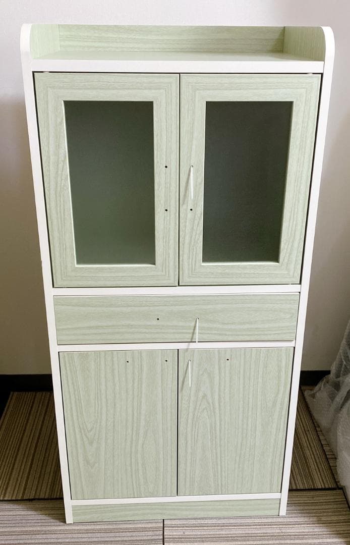 キッチン収納 キッチンボード ミニ食器棚 キャビネット ミストガラス扉 グリーン