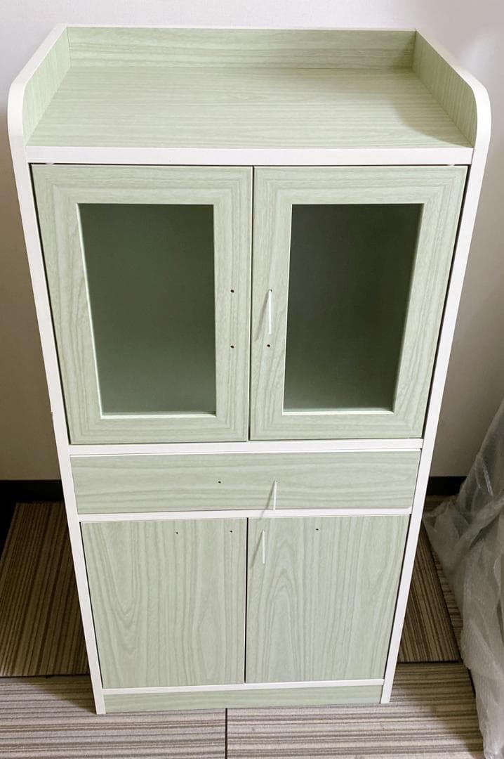 キッチン収納 キッチンボード ミニ食器棚 キャビネット ミストガラス扉 グリーン