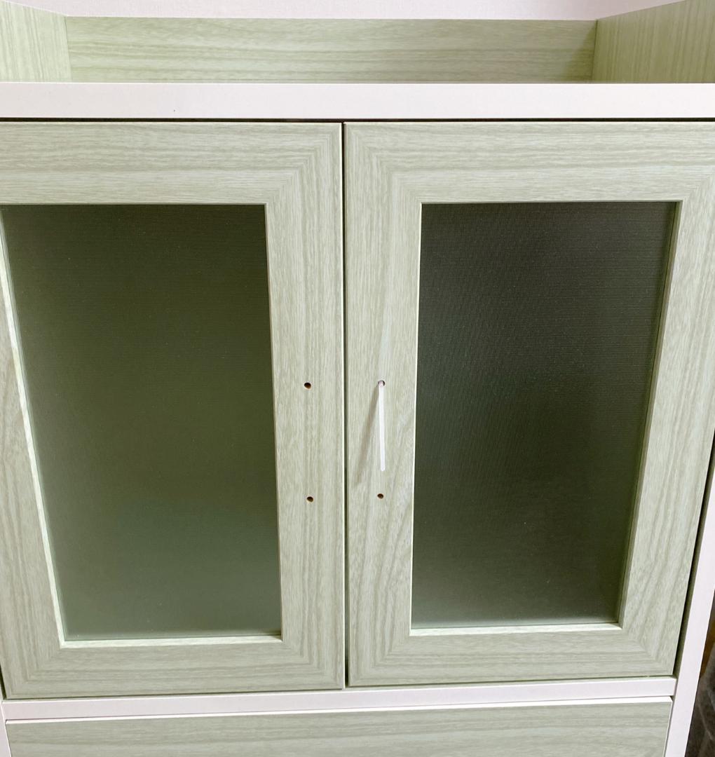 キッチン収納 キッチンボード ミニ食器棚 キャビネット ミストガラス扉 グリーン