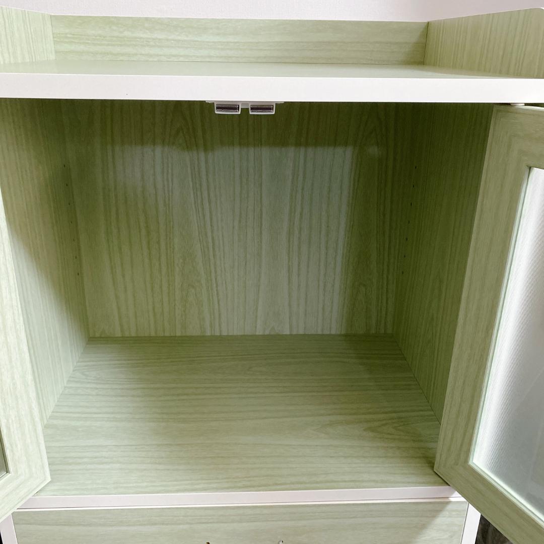 キッチン収納 キッチンボード ミニ食器棚 キャビネット ミストガラス扉 グリーン