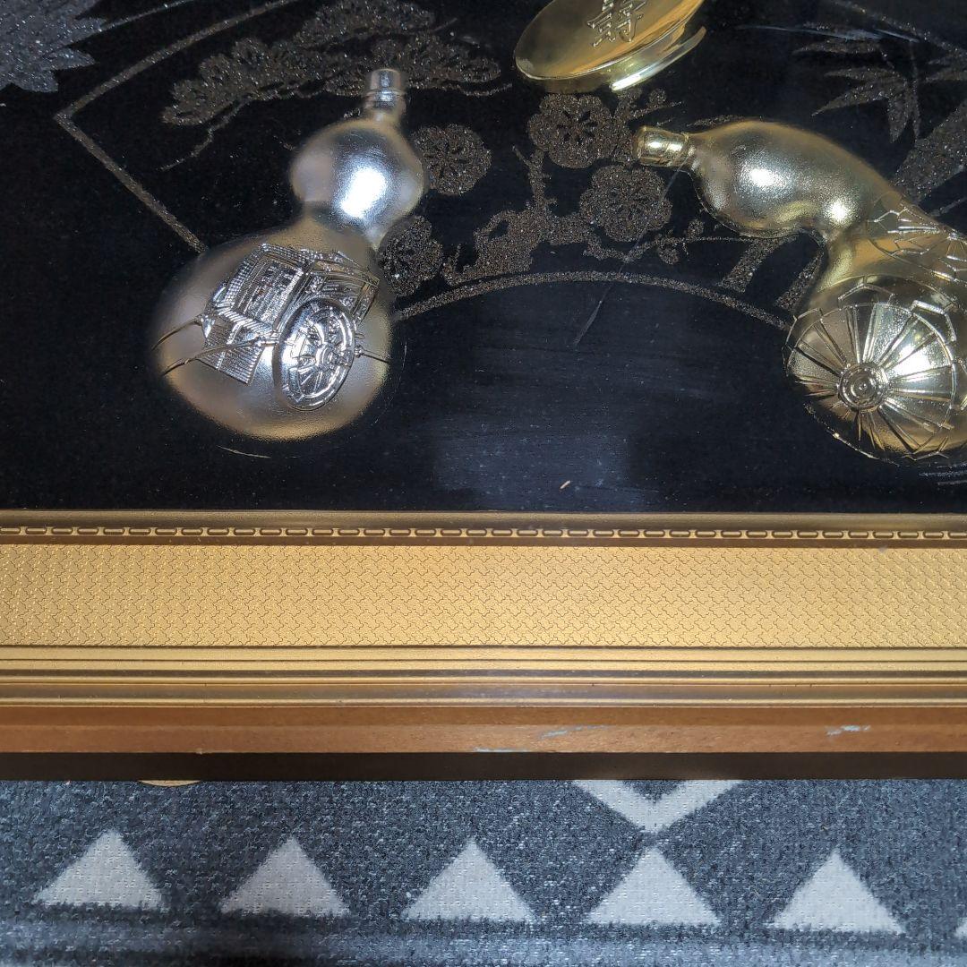 アンティーク額装 24Kgp 金メッキ ひょうたん 金杯 縁起物 開運　鶴　亀