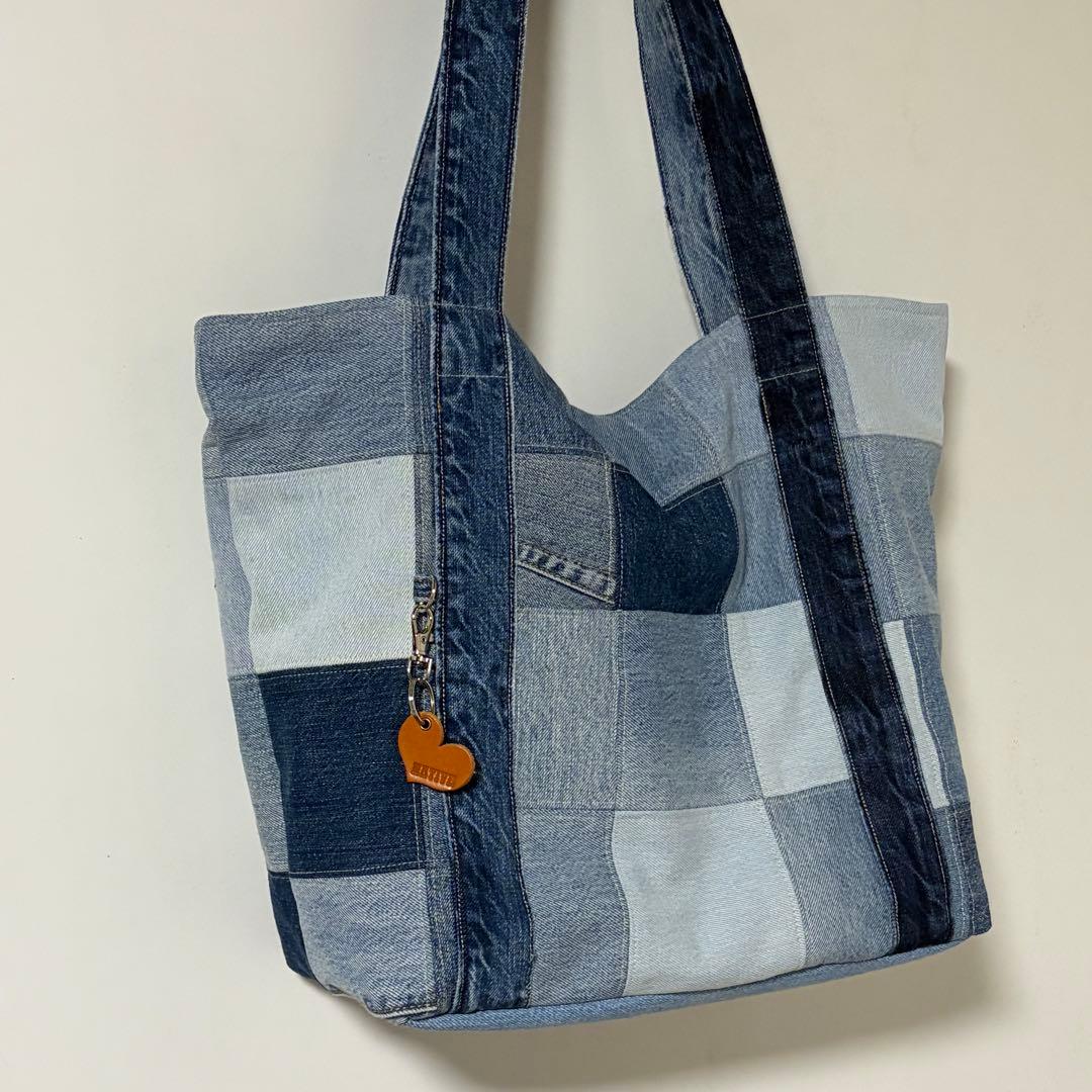 大容量　大きめトートバッグ　肩掛け　パッチワーク　デニムバッグ
