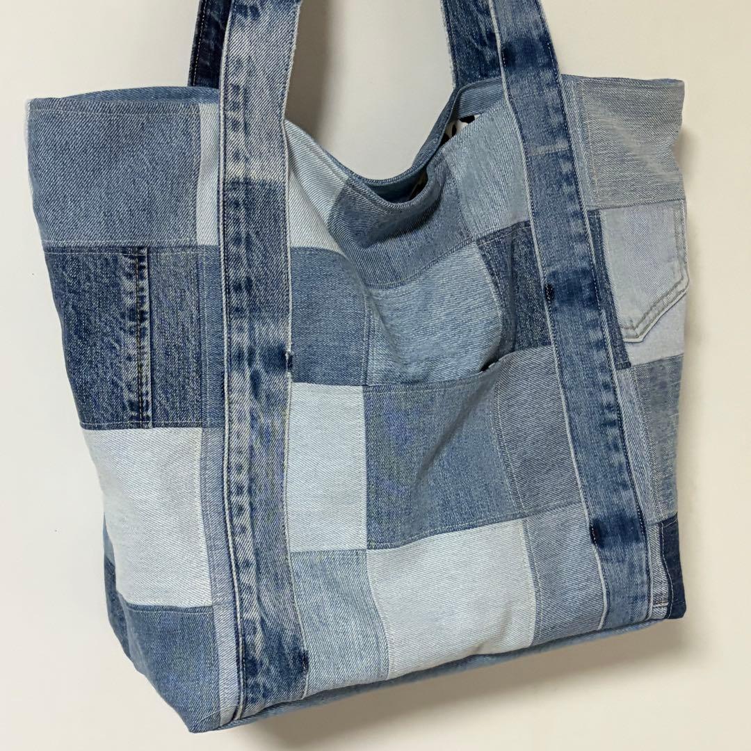 大容量　大きめトートバッグ　肩掛け　パッチワーク　デニムバッグ