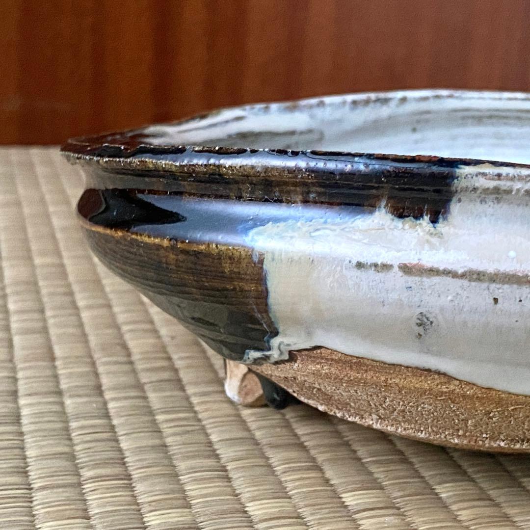 美品 未使用 唐津焼 岡本作礼造 【朝鮮唐津】 鮑型 脚付鉢 大鉢 共箱