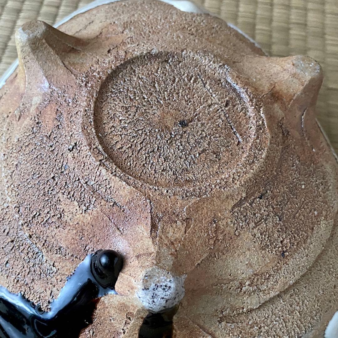 美品 未使用 唐津焼 岡本作礼造 【朝鮮唐津】 鮑型 脚付鉢 大鉢 共箱