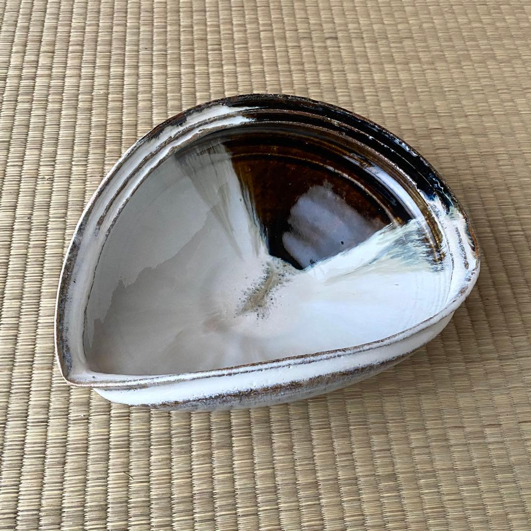美品 未使用 唐津焼 岡本作礼造 【朝鮮唐津】 鮑型 脚付鉢 大鉢 共箱