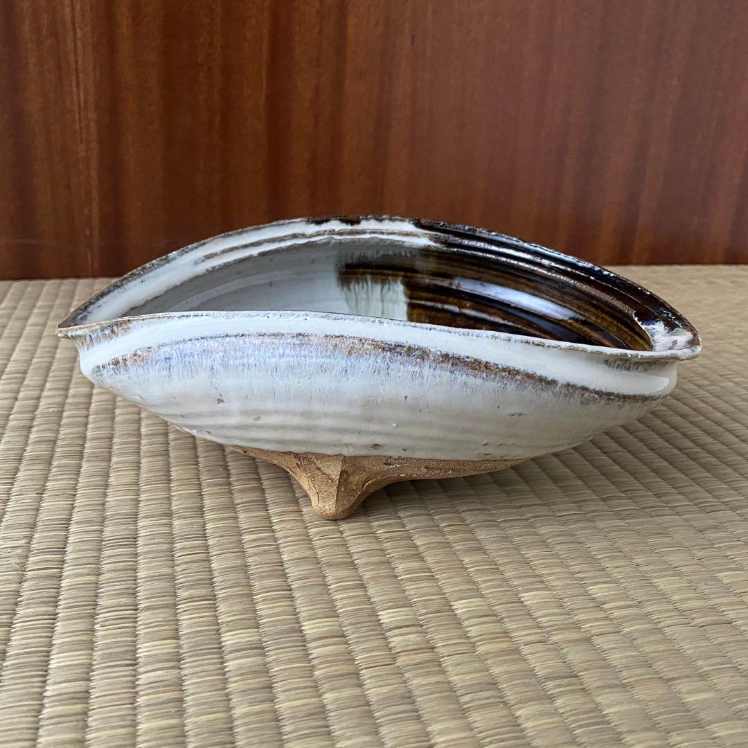 美品 未使用 唐津焼 岡本作礼造 【朝鮮唐津】 鮑型 脚付鉢 大鉢 共箱